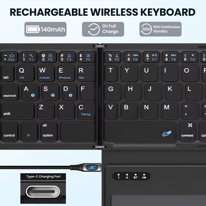 Teclado Bluetooth Plegable Cuádruple Portátil con Touchpad Plegable para Windows Android iOS Tableta iPad Teléfono