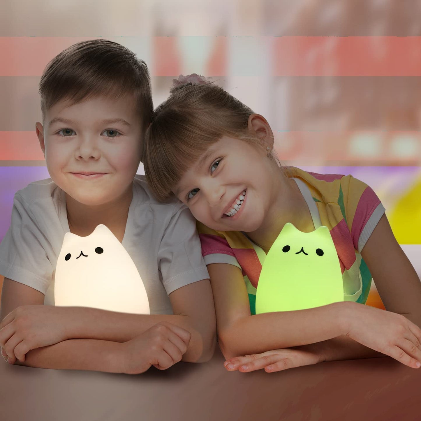 Tierna Lámpara Gato, Luz Nocturna de Silicona con Control Remoto para Niños, Bebés y Niñas Pequeñas, Recargable,  Blanca, Juego de 4 Piezas