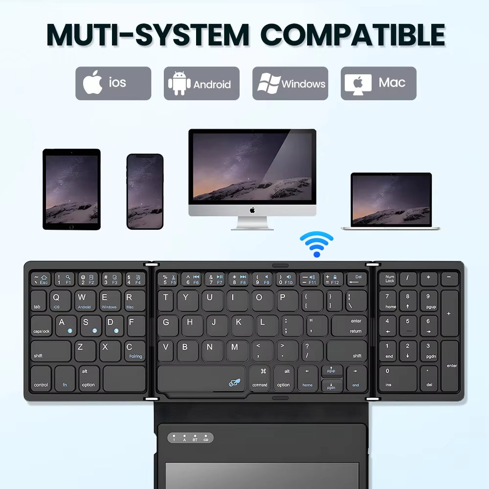 Teclado Bluetooth Plegable Cuádruple Portátil con Touchpad Plegable para Windows Android iOS Tableta iPad Teléfono