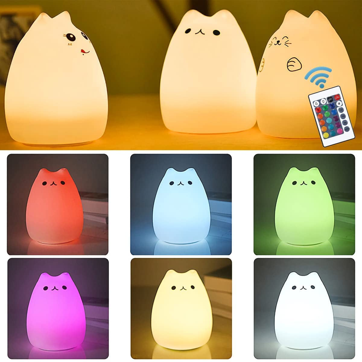 Tierna Lámpara Gato, Luz Nocturna de Silicona con Control Remoto para Niños, Bebés y Niñas Pequeñas, Recargable,  Blanca, Juego de 4 Piezas