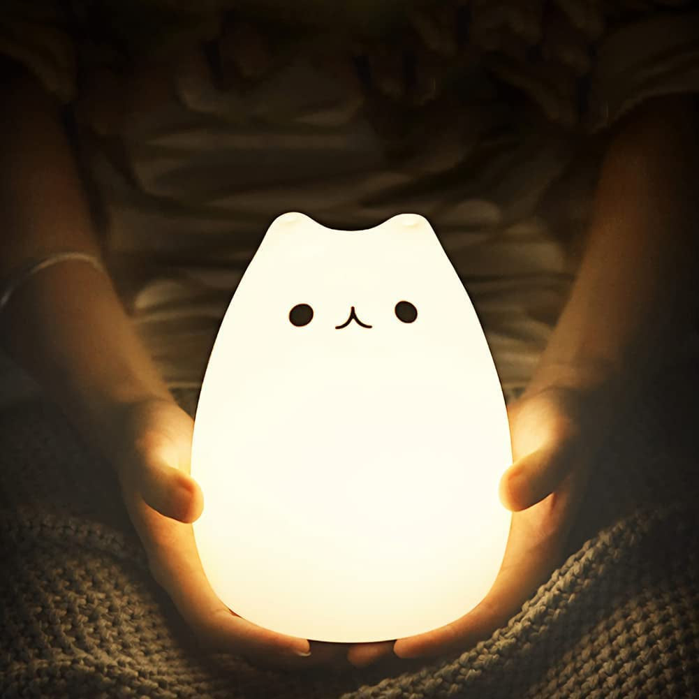 Tierna Lámpara Gato, Luz Nocturna de Silicona con Control Remoto para Niños, Bebés y Niñas Pequeñas, Recargable,  Blanca, Juego de 4 Piezas